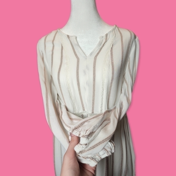 Ivory & Tan Peplum Balloon Sleeve Crochet Detail Striped Blouse Size Small - Picture 2 of 7